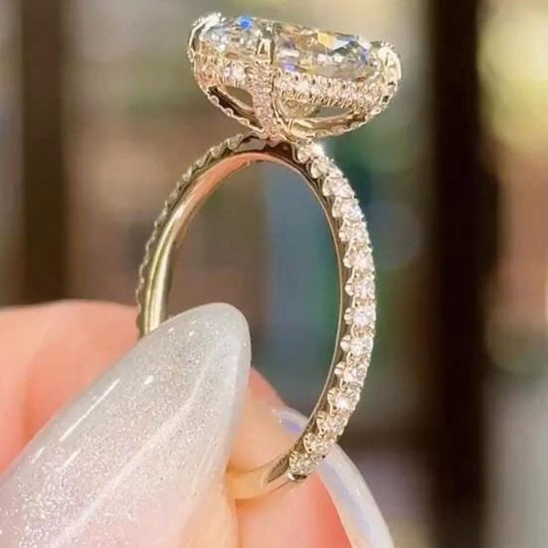 3 Ct Oval Moissanite Engagement Ring with Hidden Halo Diamond Set, 14k Solid Gold High Profile 3/4 Eternity Pave Anniversary Luxurious Ring