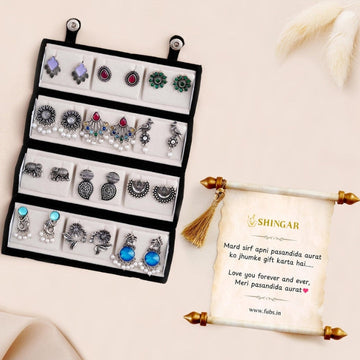 Set Of 12 Oxidized Designer Stud Earrings With Folding Jewelry Box