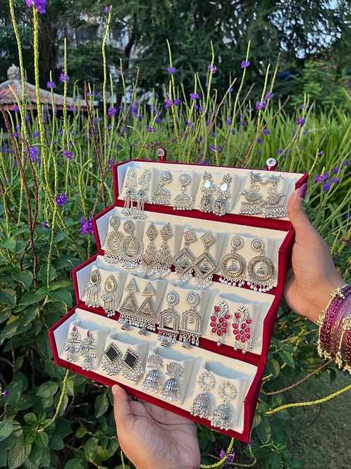 16 PCS OXIDISED JHUMKAS + RED CREAM BOX