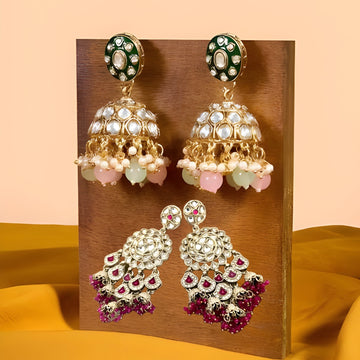 Zaveri Pearls pink and green beads drop Meenakari traditional jhumki earrings
