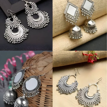 oxidized silver-toned traditional Indian Chandbali Jhumka earrings.
