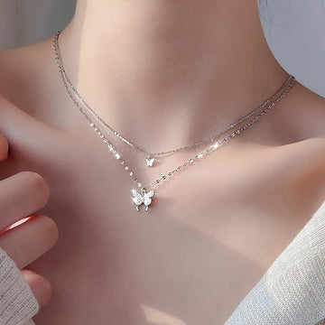 Double Layered Butterfly Pendant Necklace with Rhinestones