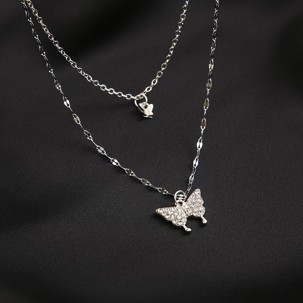Double Layered Butterfly Pendant Necklace with Rhinestones