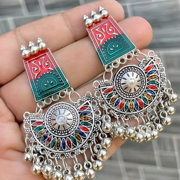 pair of multicolour oxidised silver-plated Meenakari Chandbali jhumka earrings.