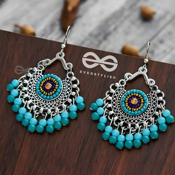 pairs of traditional oxidized silver-plated Meenakari alloy chandbali and jhumki earrings