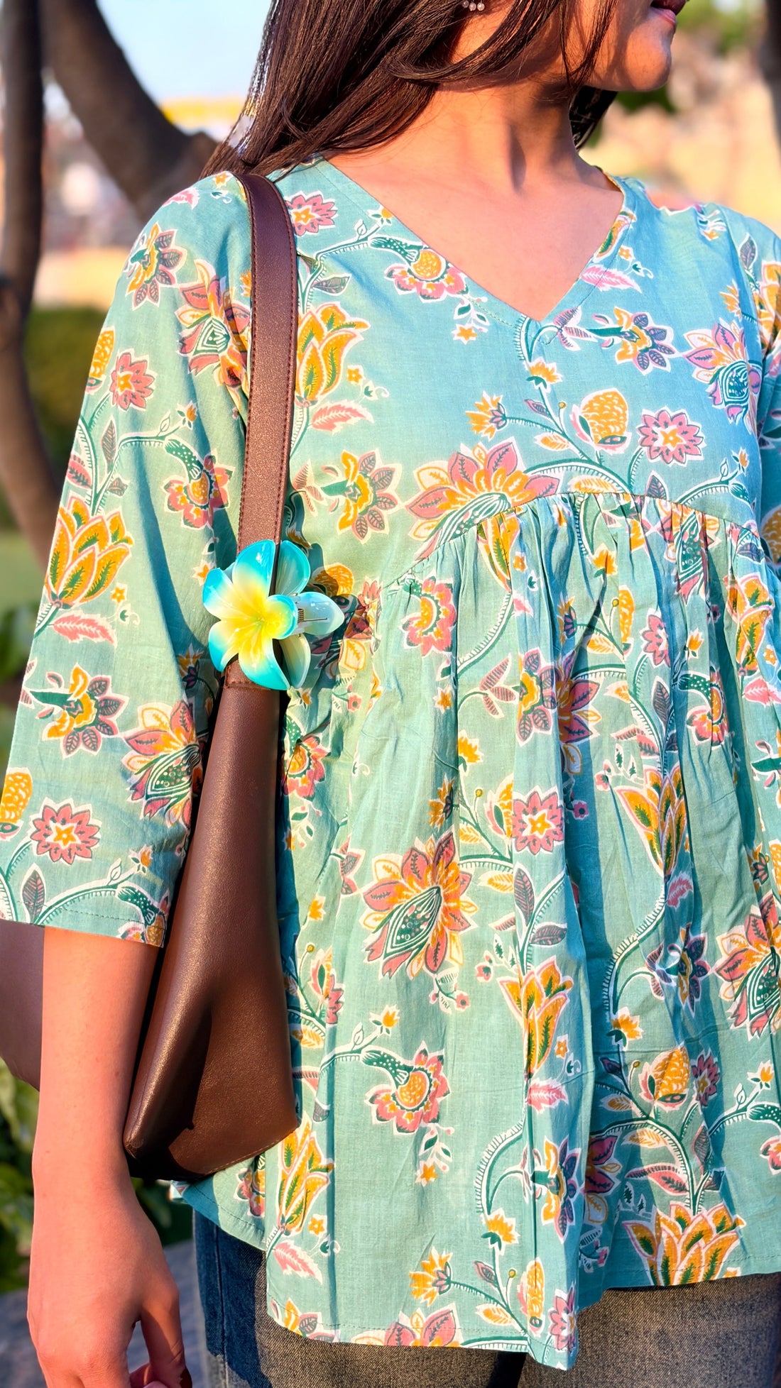 Teal Floral Cotton Peplum Top (Buy 1 Get 1 Free)