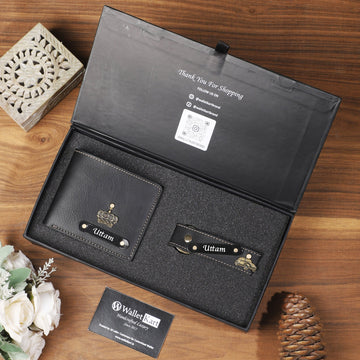 Stylish Men’s Gift Set – Customized Leather Name Wallet & Keychain