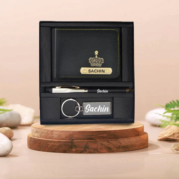 Personalised Leather Wallet + Pen & keychain Combo - Brown