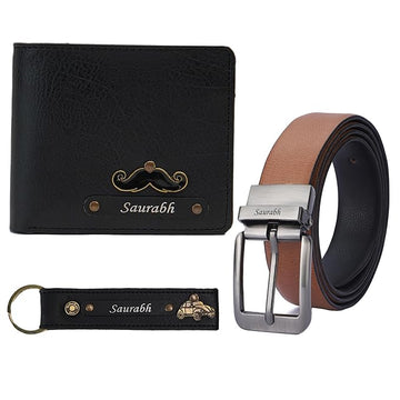 Personalized Leather Name Men's Wallet Keychain and Belt | Customized Gift Combo for Boyfriend Friend Husband Father & Son (Black)